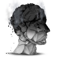 Burnout overworked concept and work stress symbol for a psychological emotional disorder diagnosis as a human head made of burnt office paper on a white background.